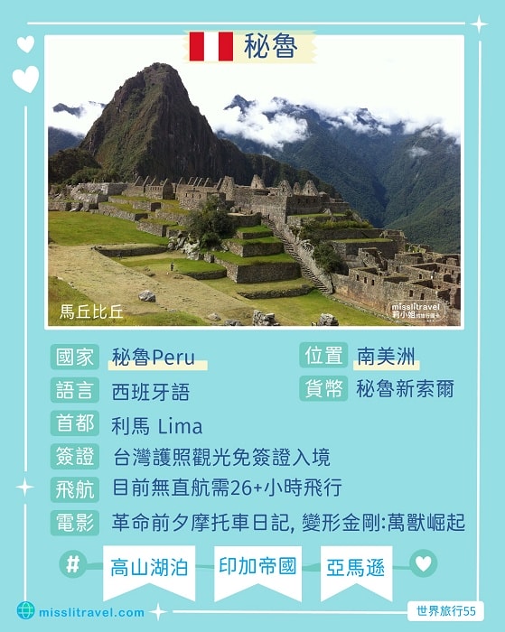 【秘魯】1張圖卡秒懂秘魯自由行8大旅遊資訊和電影推薦 - 第1張圖