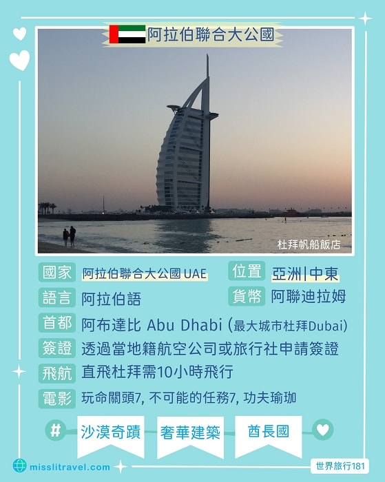【阿聯 UAE】1張圖卡秒懂杜拜自由行8大旅遊資訊和電影推薦 - 第1張圖